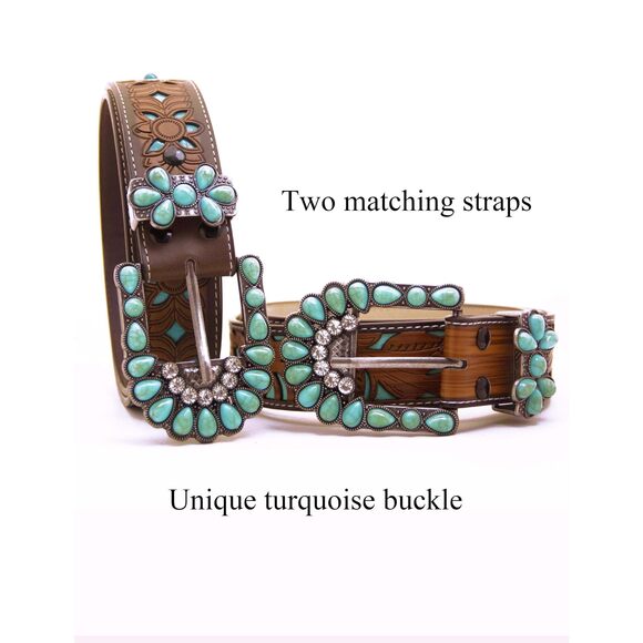 3117 Womens Western Belt With Turquoise Buckle Bling Cowgirl Belt For Jeans - Picture 4 of 7